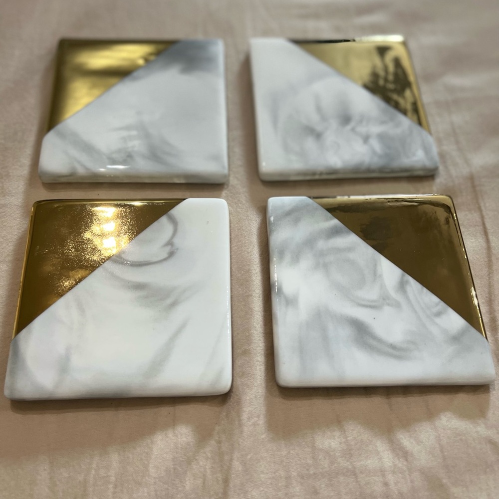 New Set of 4 Ceramic Coasters- Marble & Gold